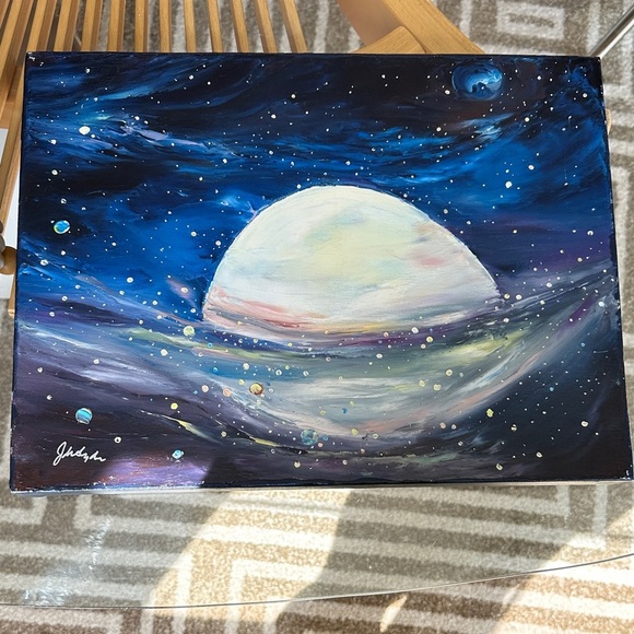 Original Art! Blue and White Moonlit Space Galaxy Canvas Art - Picture 6 of 6